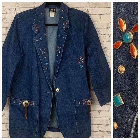 VINTAGE 80s Western Crackle Stone Embellished Denim Blazer Jacket Size 10 - Picture 4 of 12